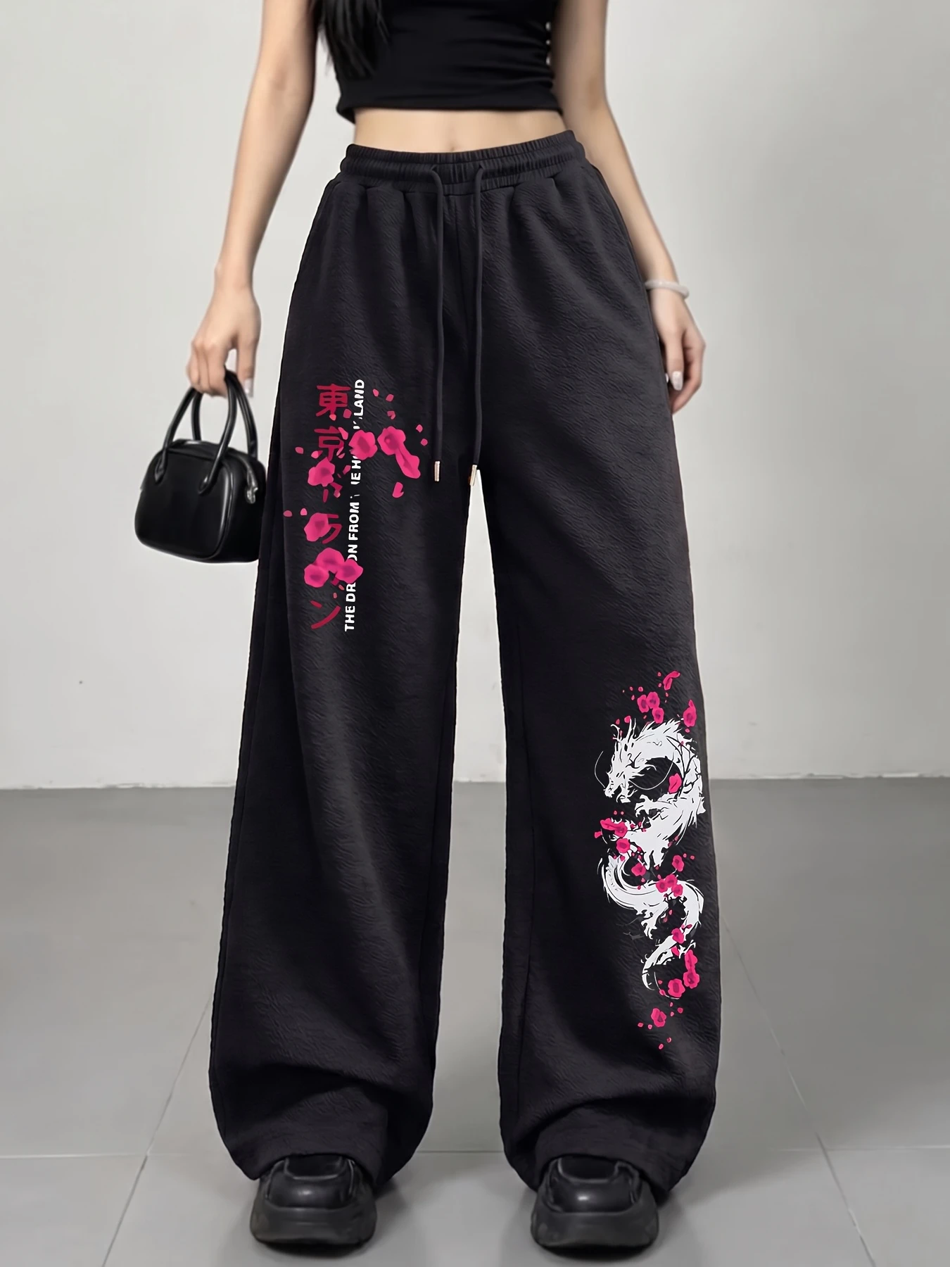 Wide-leg Sweatpants with White Divine Dragon and Pink Cherry Blossom Prints on Both Sides, Featuring Japanese and English Slogan