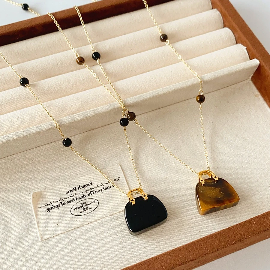 

Vintage Natural Stone Bag Shape Pendant Necklaces Long Beads Copper Sweater Chains Stainless Stackable Neck Chain Accessories