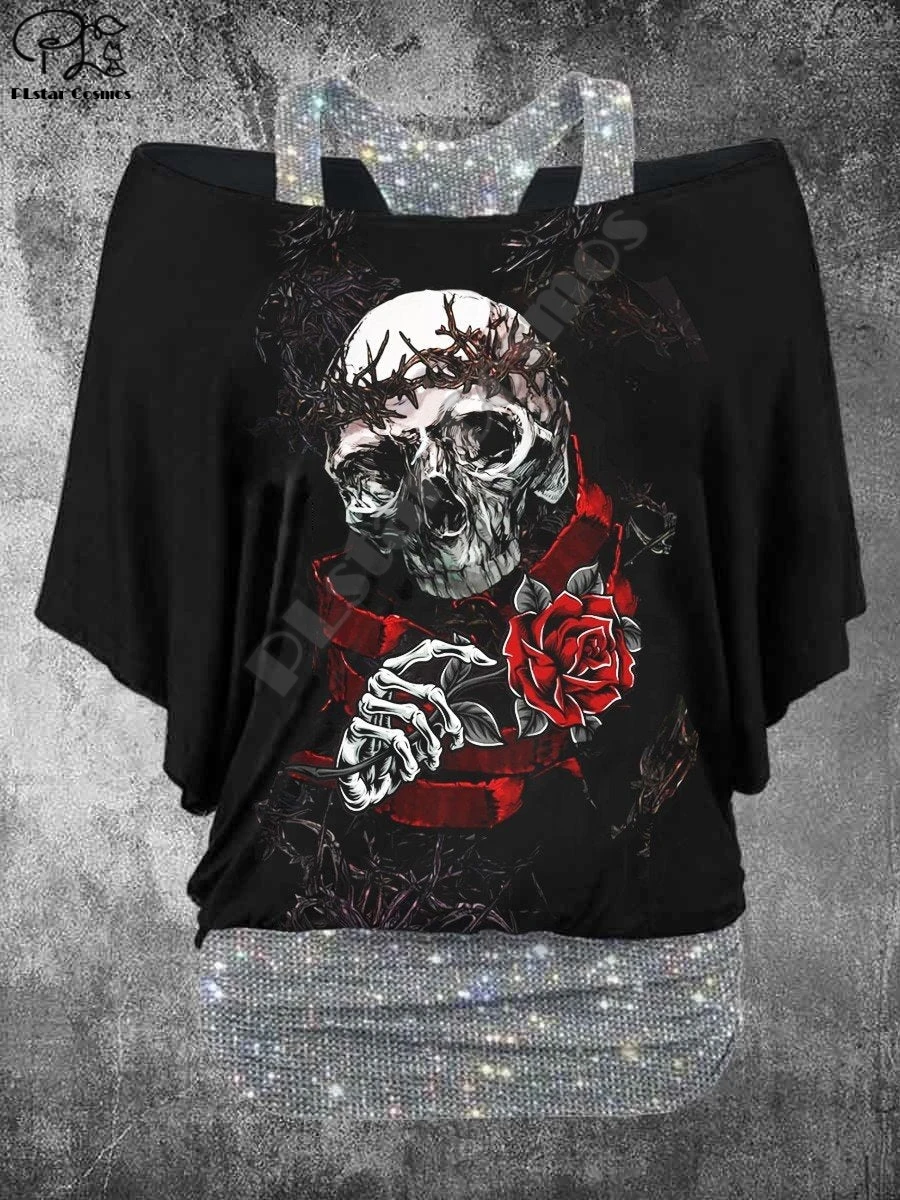 PLstar Cosmos 3D Printed  Women's Retro Punk Skull Casual T-Shirt Harajuku Streetwear Collection X5