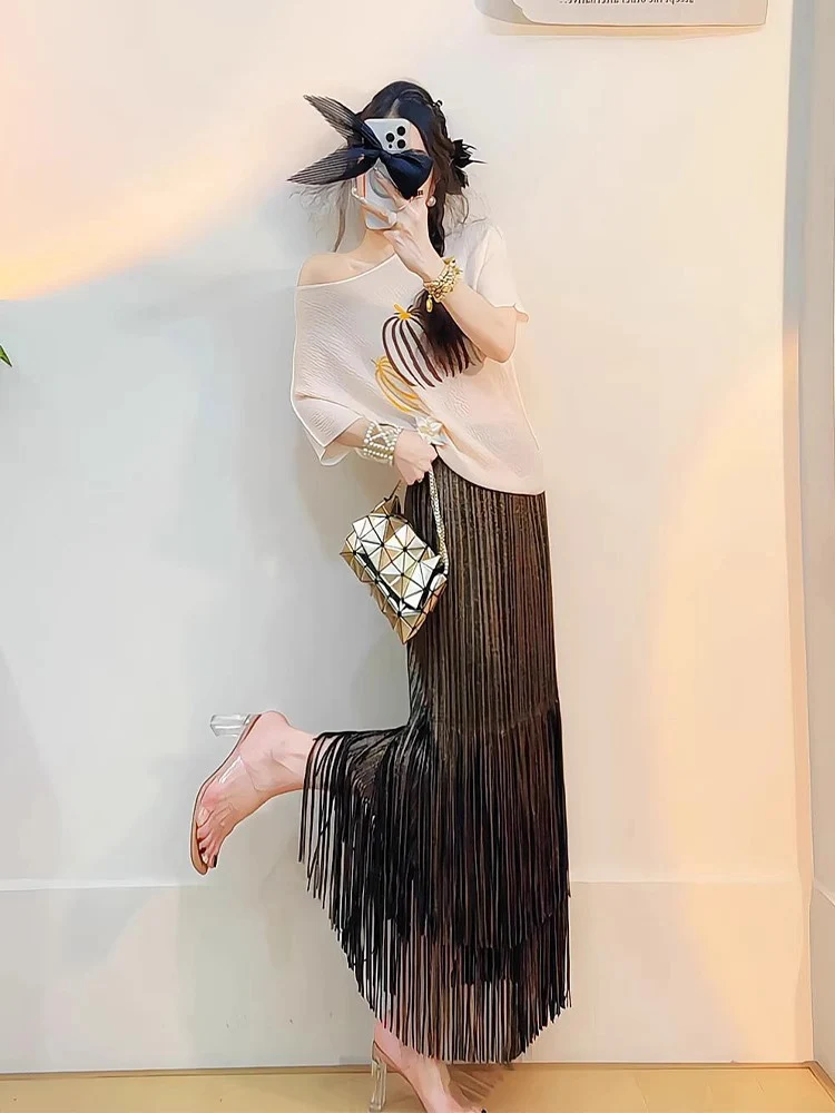 

Юбка миди с высокой талией серебристого цвета с бахромой в стиле Three Houses, простой свободный крой, для повседневной носки, весна-лето, женская