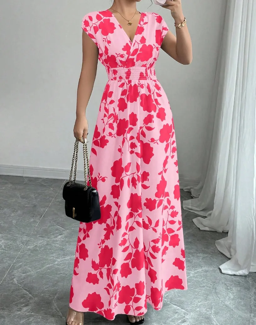 Summer Women's V-neck Dress Short-sleeved High-waisted Plant Print Simple Fashion Holiday Casual Long Dress for Female - Image 4