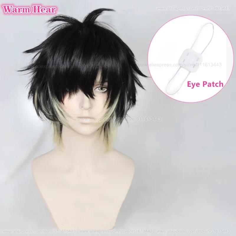 Anime Towa Synthetic Men Short Black Yellow Cosplay Anime Wig With Eye Patch Heat Resistant Hair Halloween Party Wigs + Wig Cap
