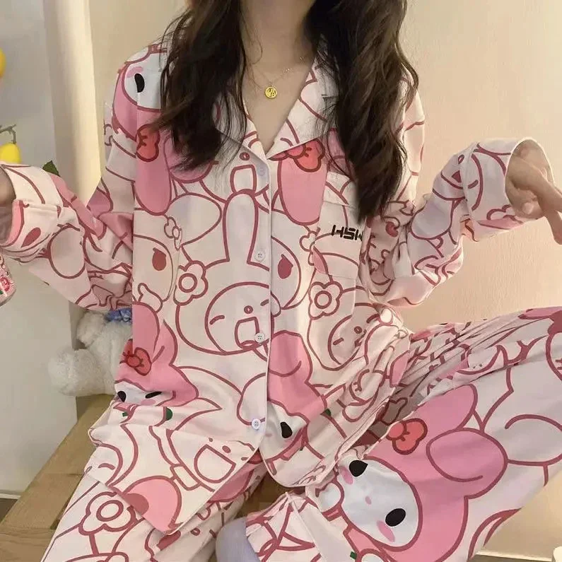 New Sanrio Hello Kitty Pajama Set Cinnamoroll My Melody Kuromi Ladies Pyjamas Sweet Casual Homewear Spring Autumn Girl Clothing