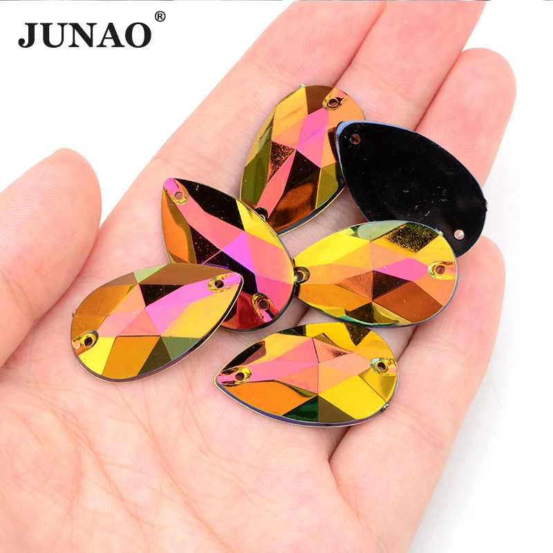 JUNAO 17x28mm Big Black AB Rhinestones Applique Sewing Resin Strass Flat Back Gems Sew On Crystal Stones for DIY Dress Clothes