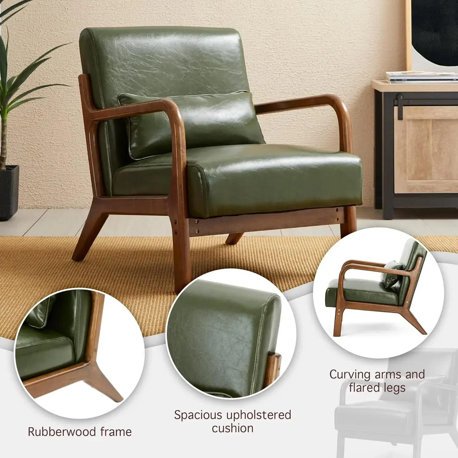 Mid Century Hunter Green Accent Armchair, Single Reading Armchair PU Leather Lounge Chair with Walnut Ruberwood Frame