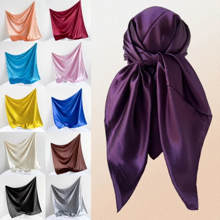 90*90CM Women Solid Color Satin Square Scarf Luxury Brand Hijab Scarves Muslim Pareo Bandana Female Wrap Headband Foulard