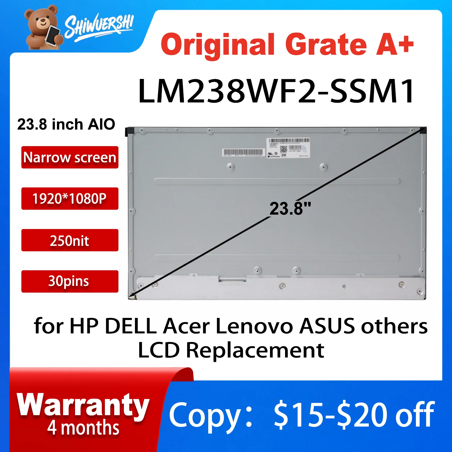

23.8" Original Lcd Screen LM238WF2-SSM1 LM238WF2 SSM1 LM238WF2 (SS)(M1) FHD For V530-24ICB All-in-One A340-24 Series V30A-24 De