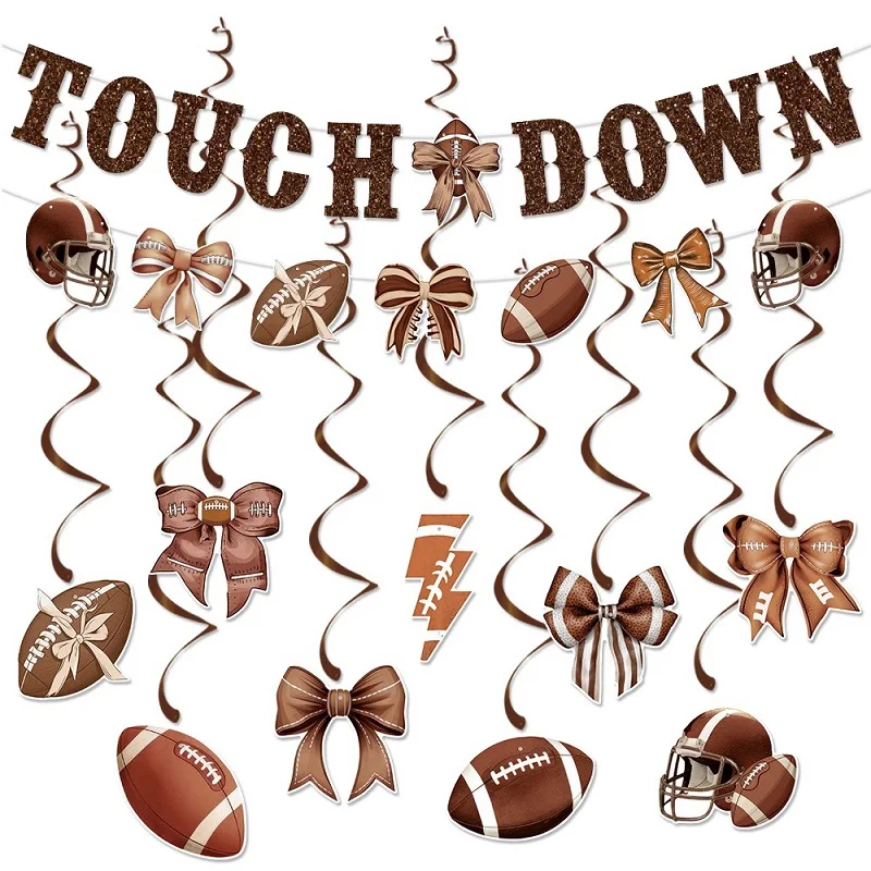 Brown Rugby Touch Down Pull Flag Spiral Party Decoration Rugby Bow Banner Spiral Pendant Hanging Ornament