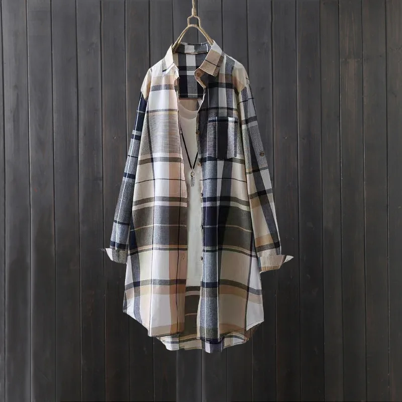 

Plaid Shirt Women Midi Top Fashion Thin Jacket Loose Hip Cover Plus Size Sun Protection Blouse Trendy plus size woman clothing