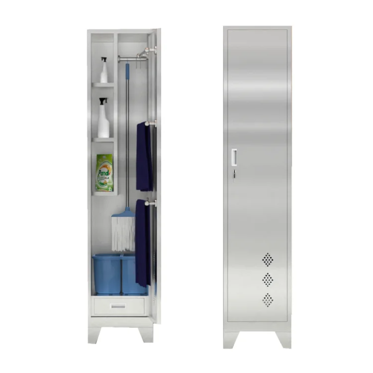 China Made 304 Stainless Steel Locker Bathroom Cabinet For Mop And Broom Anti-corrosion And Anti-rust Cupboard With Legs