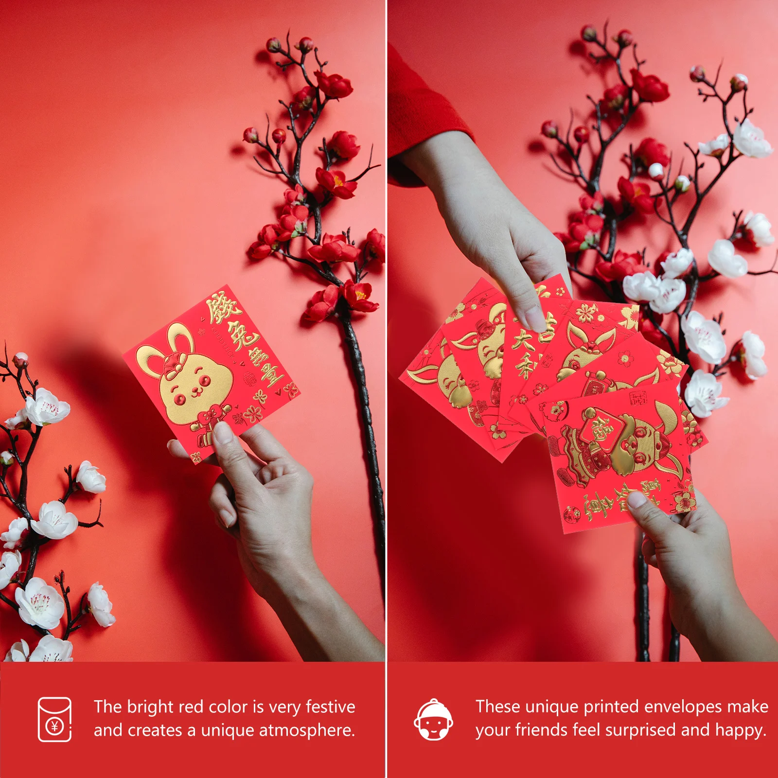 Enveloppes du Zodiaque Chinois du Lapin, Paquets Rouges, Nouvel An, 66 Pcs, 2023