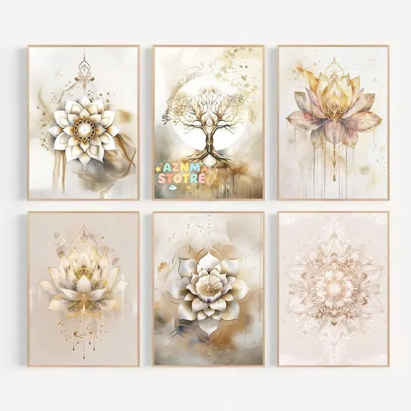 Watercolor Tree of life Lotus Mandala Mindfulness & Meditation Spiritual Zen Poster Wall Art Pictures Canvas Painting Home De