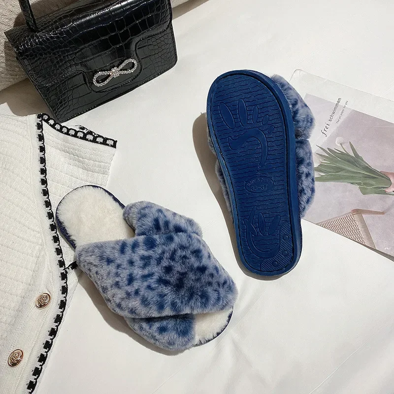 Winter Women Slippers Home Cotton Shoes Furry Warm Faux Fur Fashion Cozy Indoor Floor Slides Slip on Leopard Luxury Shoes Female