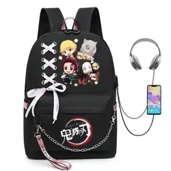 Mochila Demon Slayer para hombre y mujer, morral de lona con carga USB, Bolsa Escolar con estampado de cintas