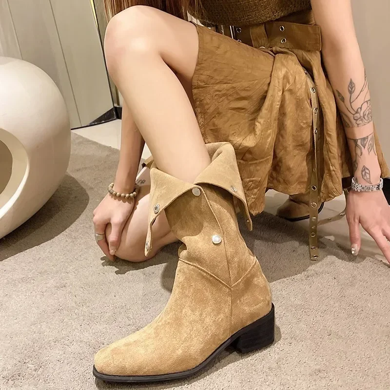 Western Cowboy Boots Women Autumn Square Toe Thick Heel High Knee Boots Woman Suede Fabric Long