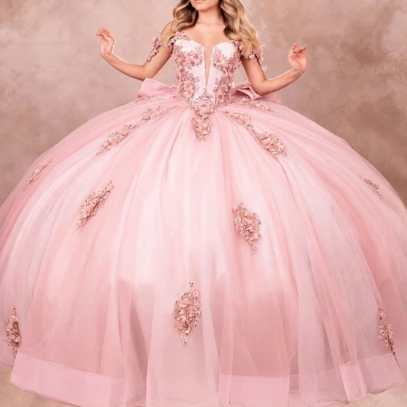 Pink Glitter Quinceanera Dresses Off Shoulder Ball Gown Sweet 16 Dress Applique Flower Beads Bow Tull Corset Party Birthday Vest
