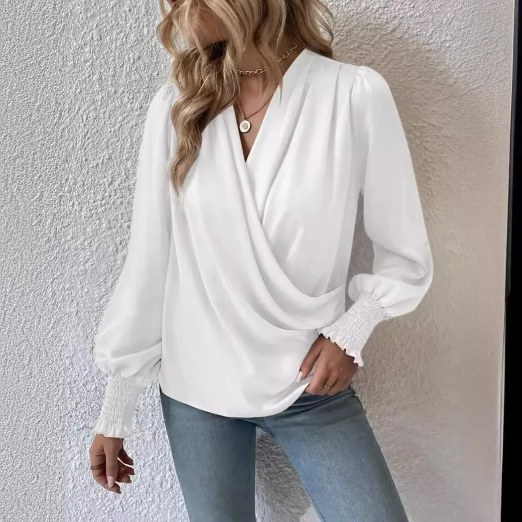 

Women's Elegant V-neck Embroidered Lantern Sleeve Temperament Commuter Solid Color Shirt for Women Shirts Tops