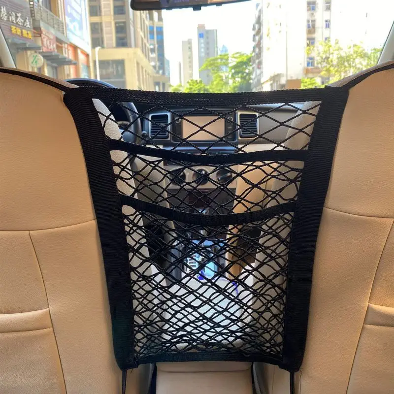 Universal Car Net Pocket Between Seats 3-Layer Car Mesh Organizer Car Elastic Net Bag Car Net Barrier for Backseat Dogs Kids