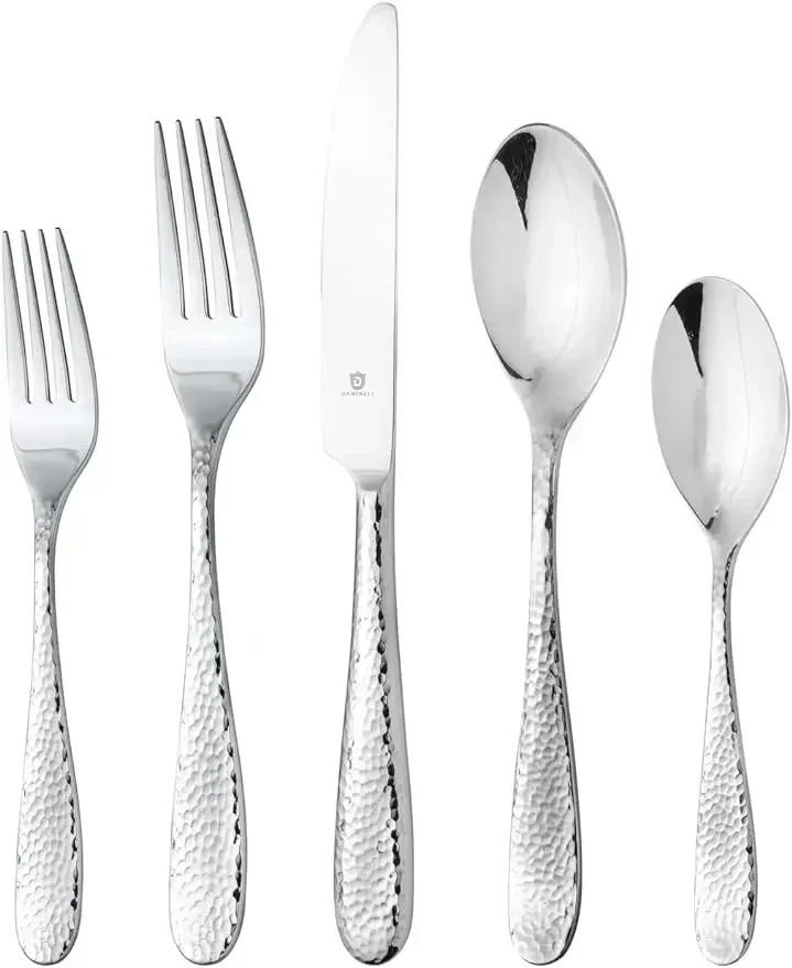 Modern Fidenza Hammered Silverware Set - 18/10 Stainless Steel Flatware Set for Elegant Dining - Dishwasher Safe