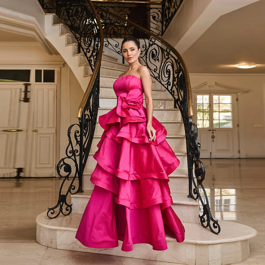 

Розово-красное атласное бальное платье Многоуровневое вечернее платье с рюшами 3D цветочные коктейльные вечеринки и официальные мероприятия Платья от кутюр без бретелек