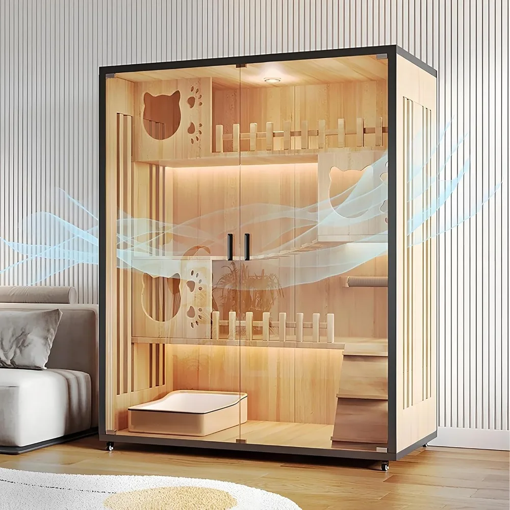 모던 캣 하우스 & 실내 빌라 - 잠금 가능한 바퀴와 강화 유리가 있는 초대형 목재 고양이 집 케이지, 멀티