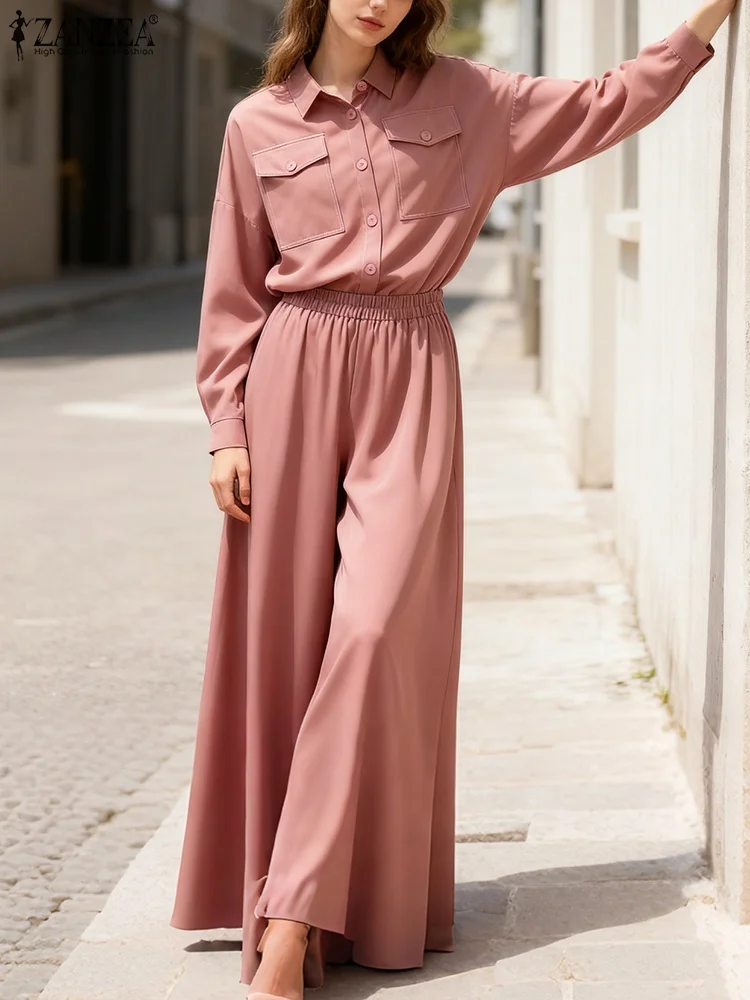 2026年春新作 レディース セットアップ ZANZEA 秋服 長袖シャツワンピーススーツ エレガント 仕事着 ツーピースセット 無地 OL風トラックスーツ