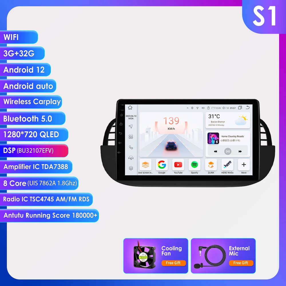 OSSURET 1Din 8G 128G Carplay 9'' Android autoradio voor Fiat 500 2007-2014 GPS Multimedia Videospeler Navi 4G WIFI BT DSP 7862