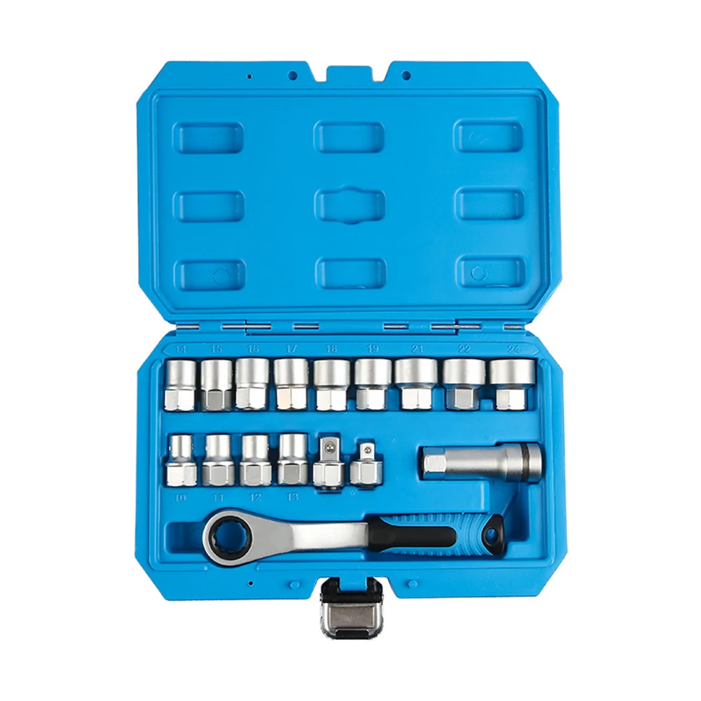 

Chrome Vanadium 17 Piece Pass Through Socket Set with Hollow Ratchet and Adapters for Automotive and Industrial Use