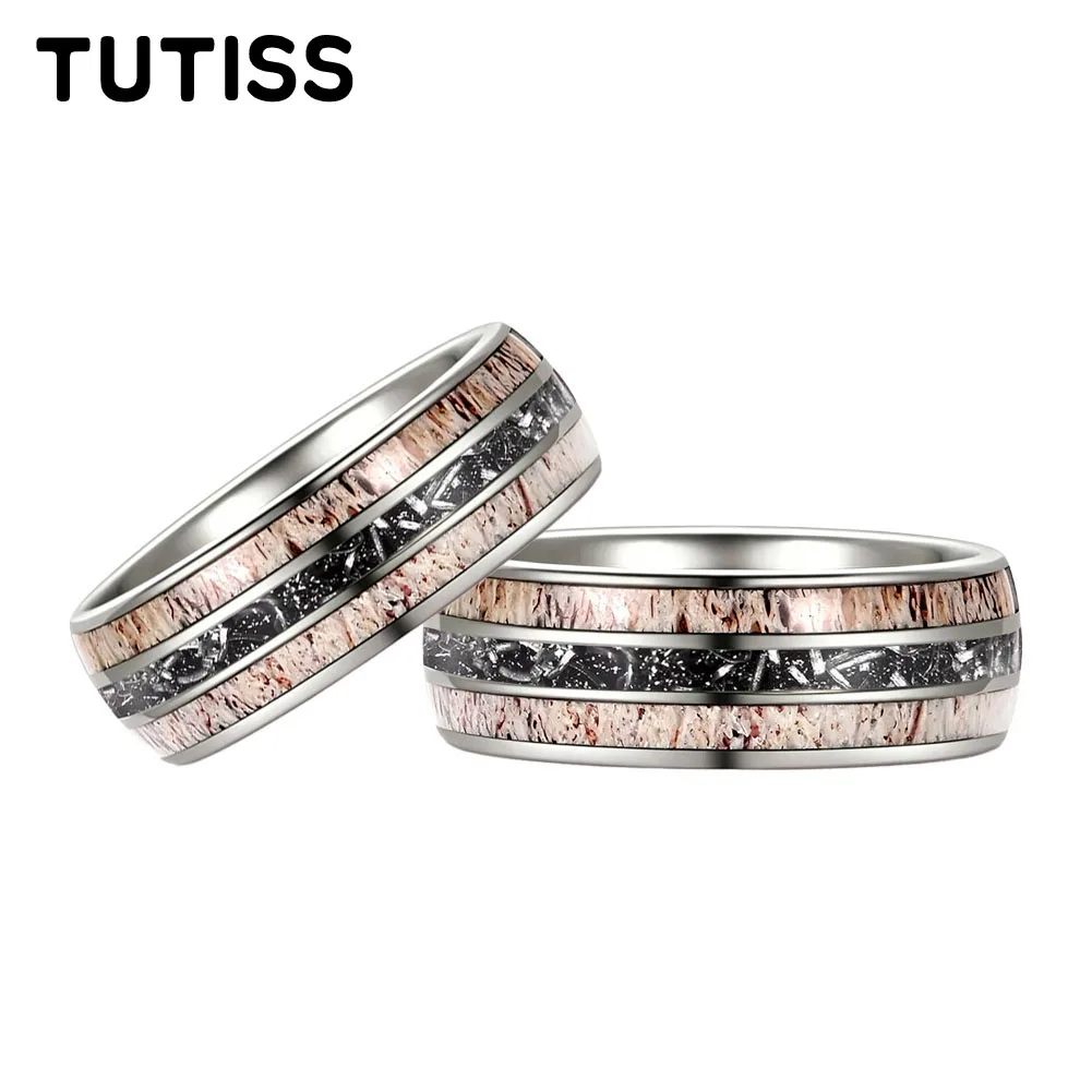 Silver 8mm Tungsten Carbide Mens Wedding Band,Deer Antler & Meteorite Inlay Wedding Band, Comfort Fit Anniversary Promise Ring