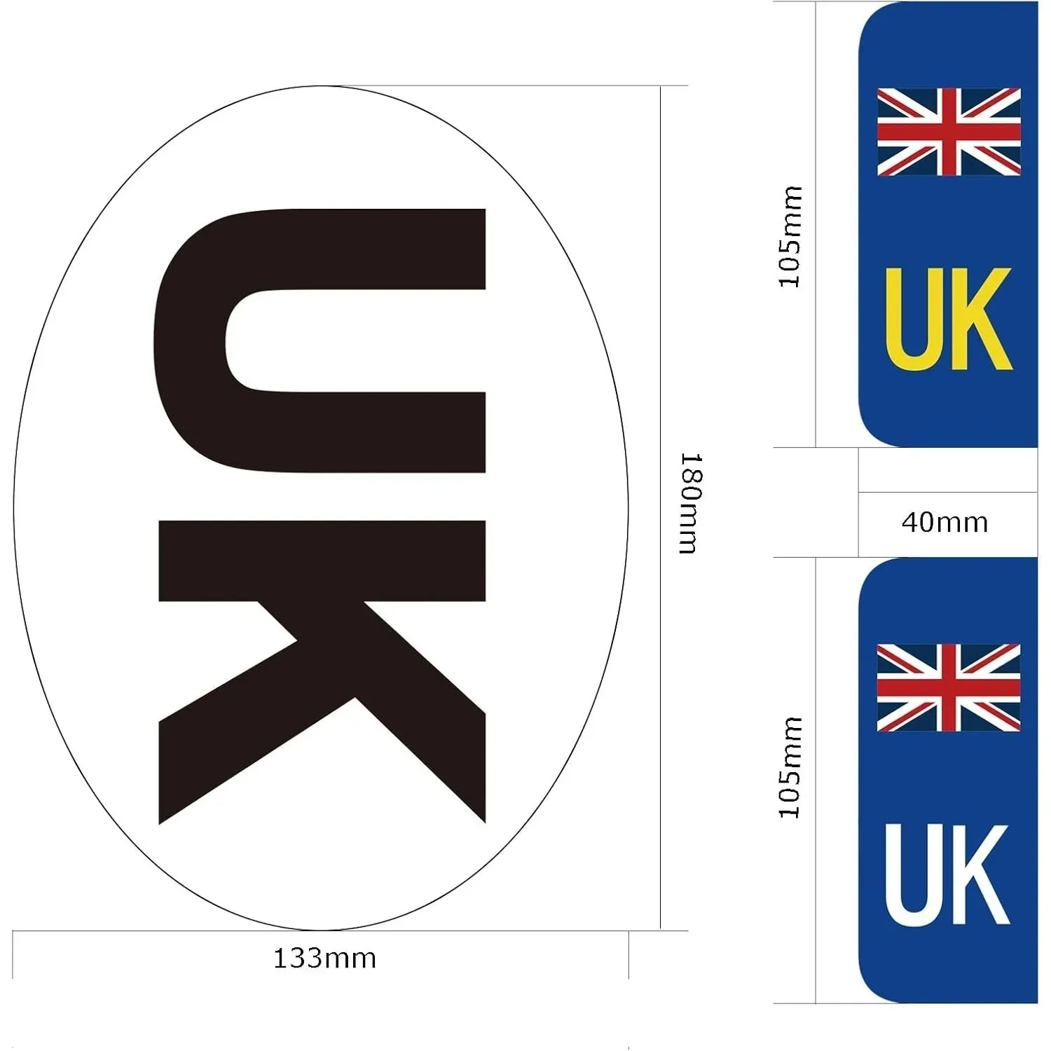 

BEEWAY UK Car Stickers for Europe - 2 UK Oval Stickers + 4 License Plate Stickers - Glossy