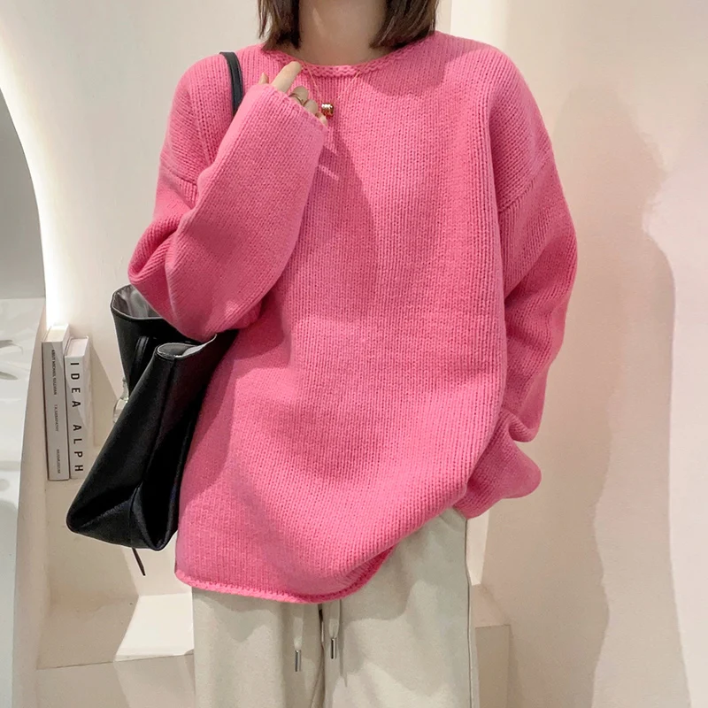 

Laid-ba Loose Knitted Woolen Sweater Autumn Winter Design Cuffed Soft Casual Color Long Sve round Ne Base Layer