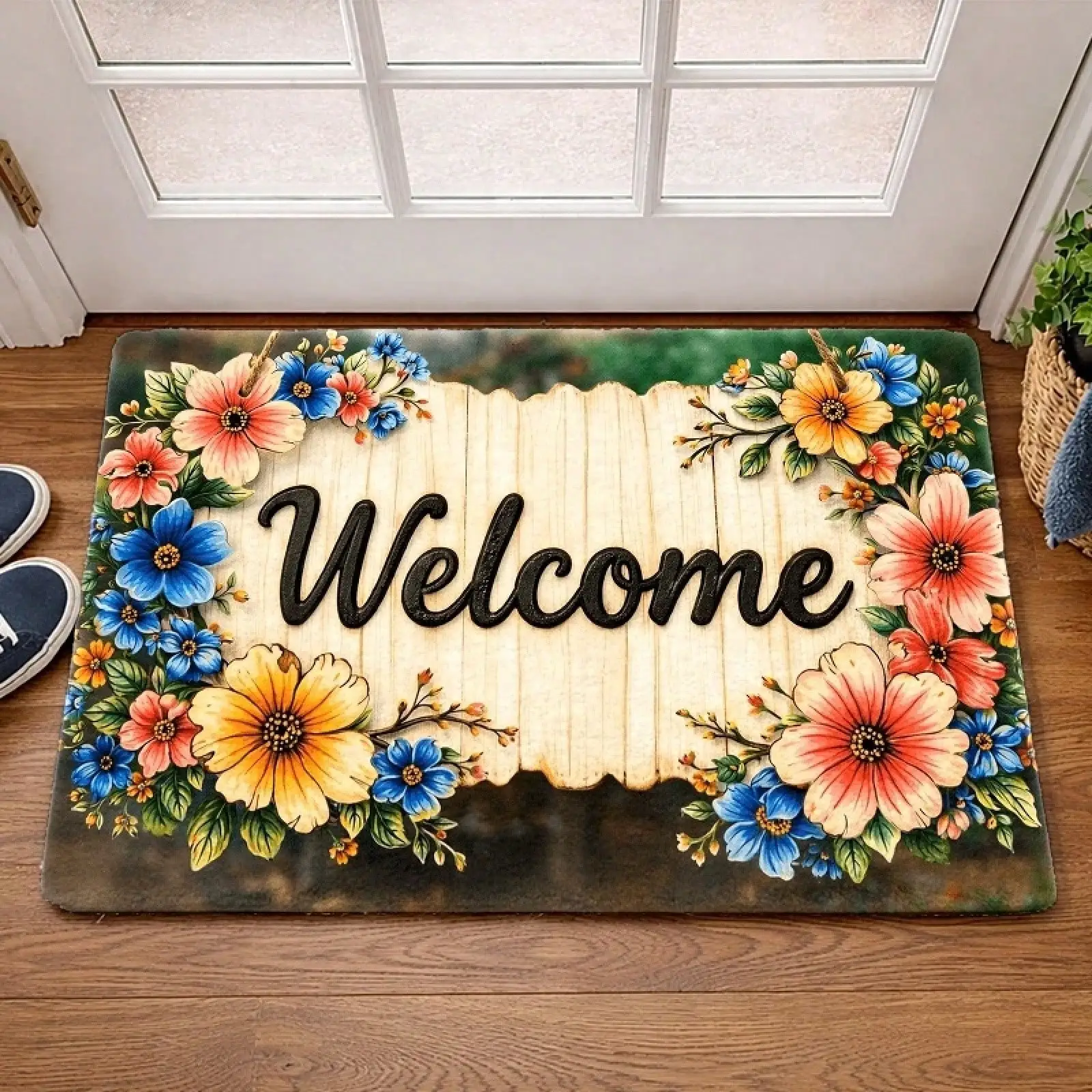 1pc Non-Slip Backed Flannel Mats, Washable, Universal, Floral Welcome Pattern, Suitable For Living Room, Bedroom, Office, Indoor, Bathroom, Balcony, Hallway