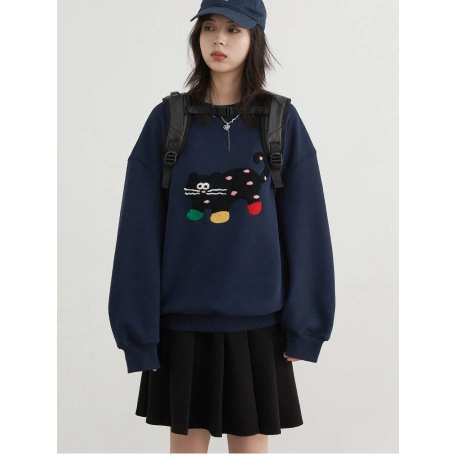 Women's Cat Print O-Neck Sweatshirt - Loose Casual Streetwear Top