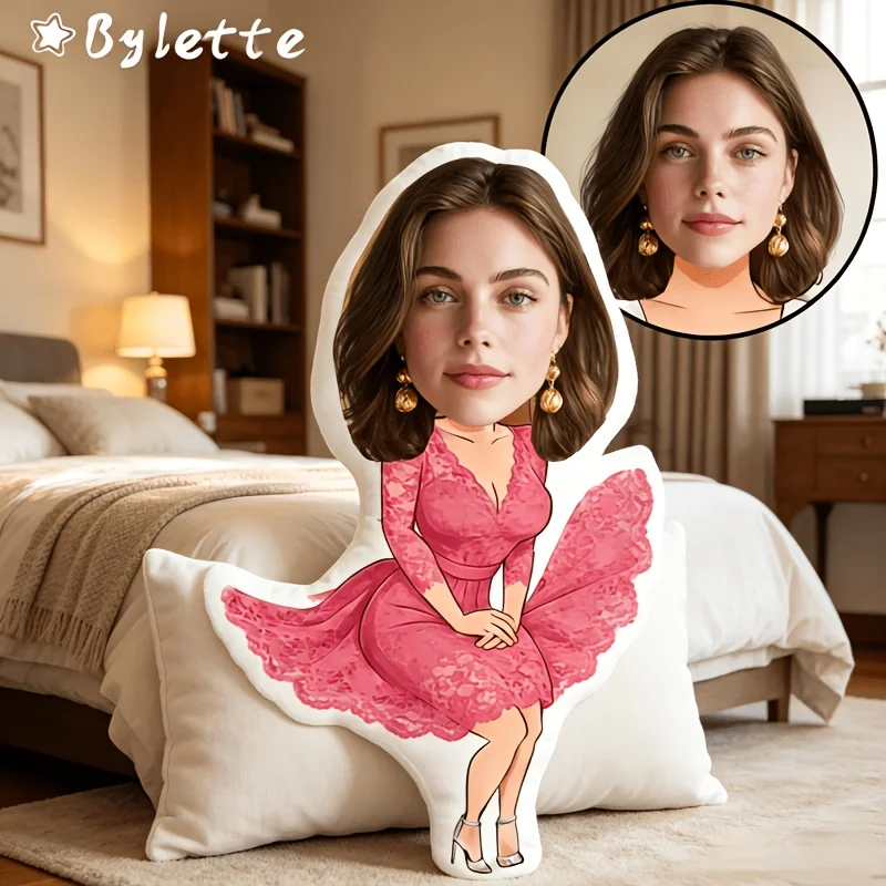 1pc - Custom Elegant Lace Pink Dress Portrait Pillow, Real Photo DIY Romantic Pink Lace Gown Shaped Doll Pillow, Customizable Po