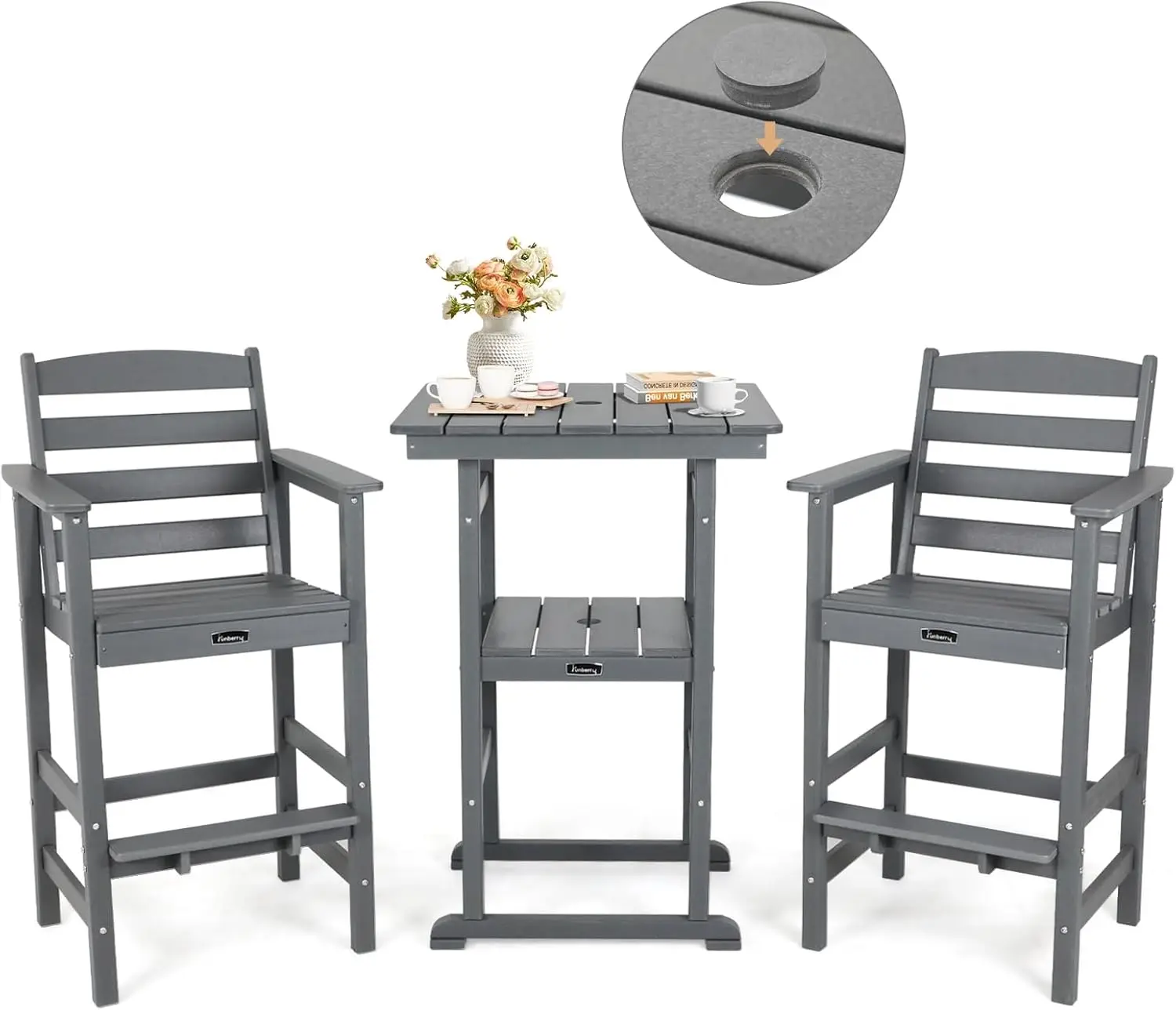 Oversized Outdoor Bar Set, Tall Adirondack Chair & Table with Umbrella Hole | HDPE All Weather, No Rot or Rust or Crack, UV Fade