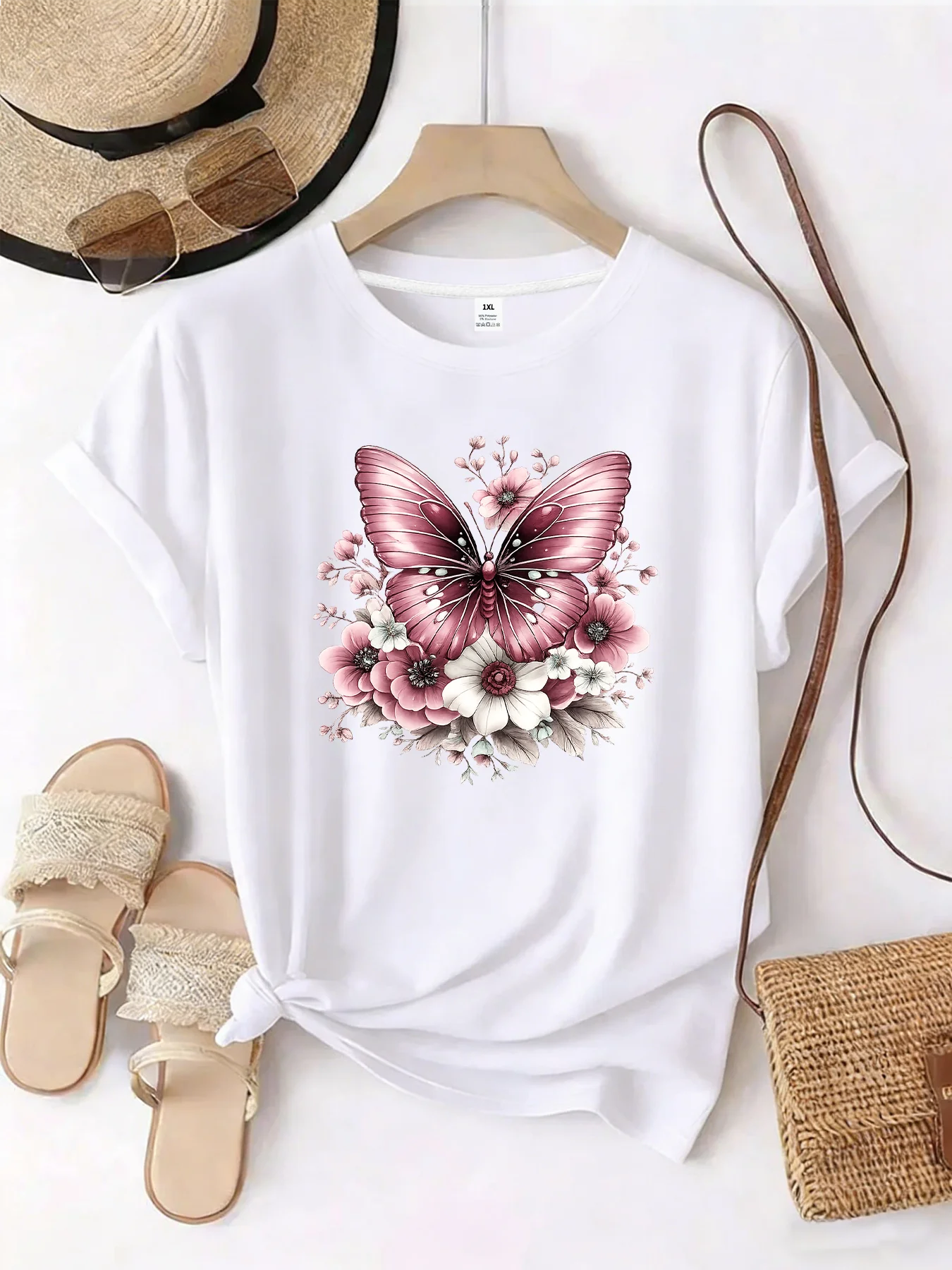 【WZM101479】Creative butterfly print plus size women's round neck summer casual short sleeved street fashion versatile T-shirt