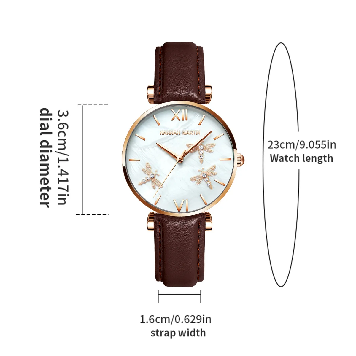 Hannah Martin Fashion Rose Gold Womens Watch Japanese Quartz Movement Casual Leather Strap 3Bar Waterproof Dragonfly Women Watch