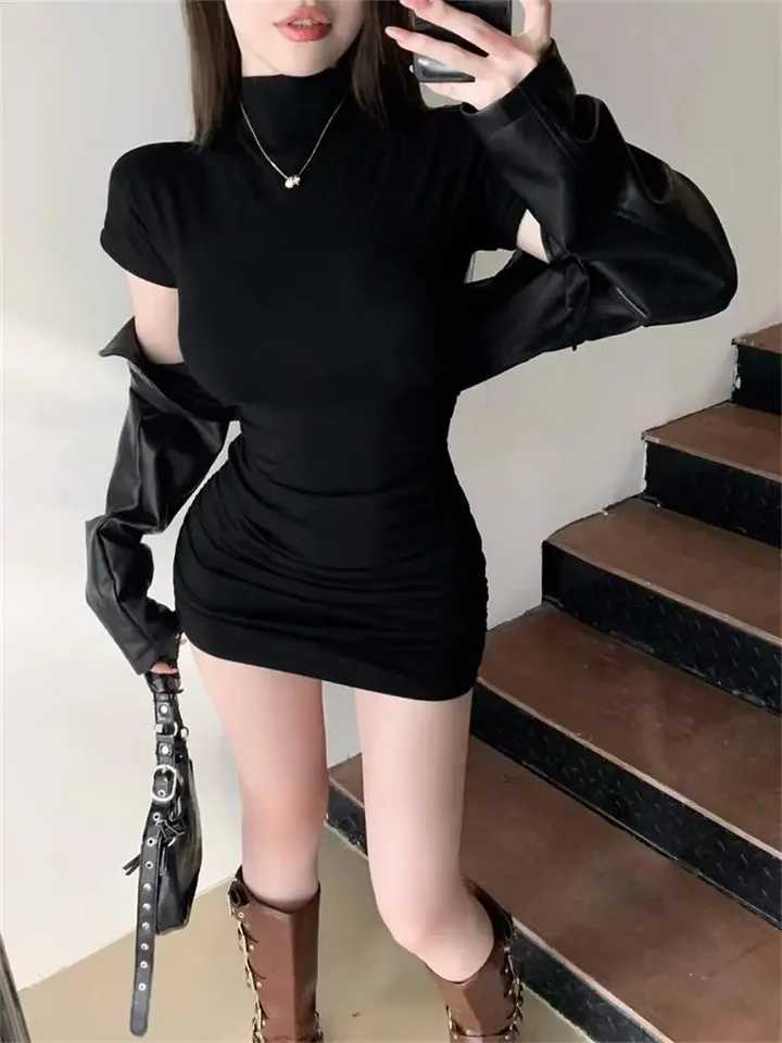 Vestido Mini Corto de Cuello Alto con Pliegues en la Cintura, Ajustado y Sexy para Mujer, Ropa de Fiesta 2