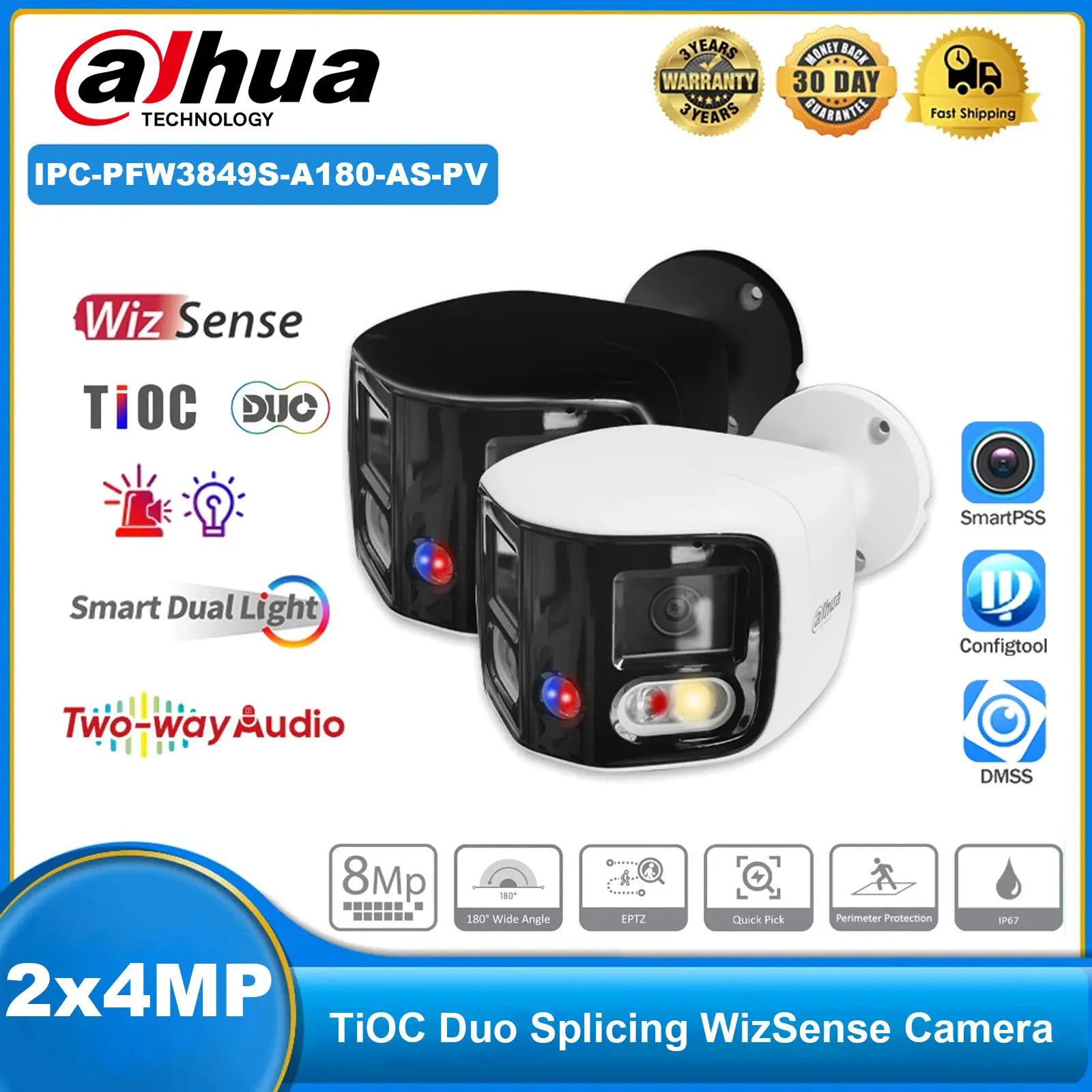 

IP-камера Dahua IPC-PFW3849S-A180-AS-PV 2x4MP 180° ° TiOC Duo Splicing WizSense EPTZ SMD 4.0: Звук и свет, двусторонняя аудиосвязь