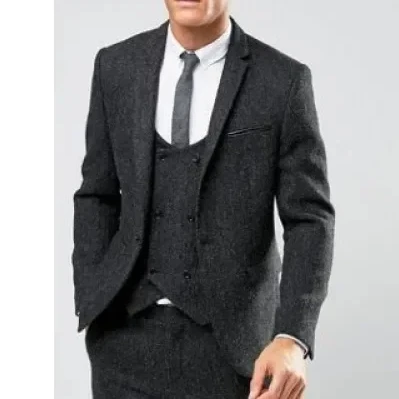 

Smoking Grey Tweed Double Breasted Men Suit Formal Jacket Slim Fit 3 Piece Tuxedo Custom Groom Prom Blazer Sets Terno Masculino