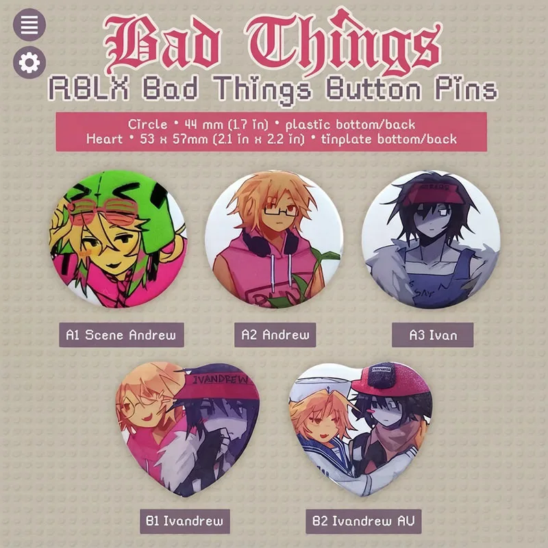 RBLX Bad Things Badge Button Pins Handmade