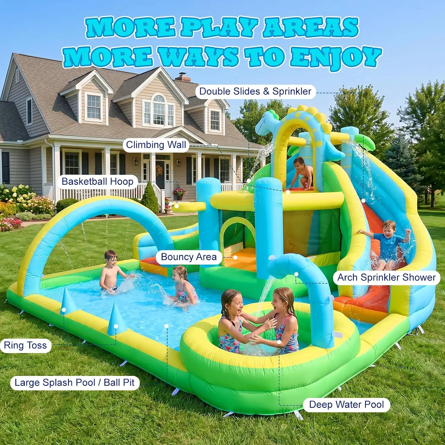 Dinosaur-Themed 8-in-1 Inflatable Water Slide Bounce House for Kids Ages 3-12, Backyard Summer Outdoor Water Park with Dual Slides, Climbing Wall, Splash Pool & Basketball Hoop, 158x168x95 in