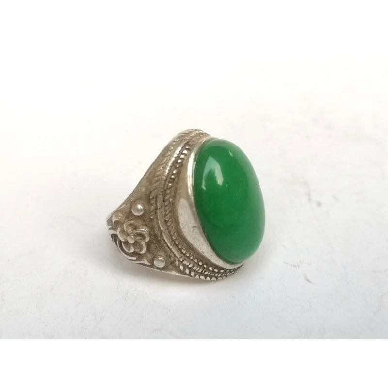 

Collectible Copper Tibet Silver Carved Flower Inlaid Green Jade Adjustable Ring