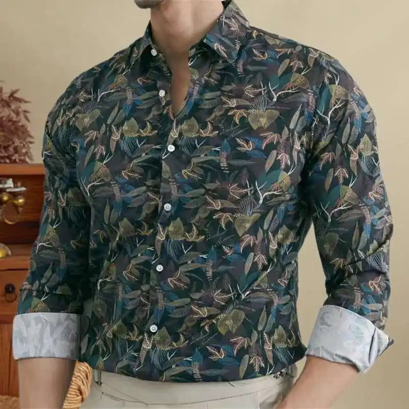 

Floral Print Slim Fit Shirt For Men Fashion Print Long Sleeved Men's Shirt Social Streetwear Party Men Clothing Camisa Hombre