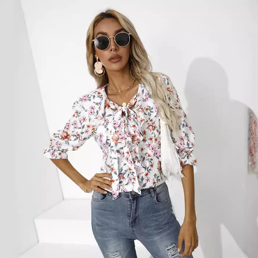 Spring 2024 Women's V-Ne Printed irt Five-Quarter Sve Cotton Elastic Fabric Straight Cut European Sle Faion irt