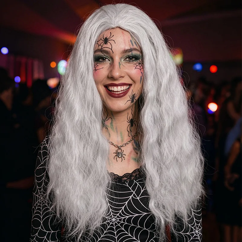 Synthetic White Long Fluffy Curly Wavy Middle Part Full Wig Unisex For Cosplay Halloween Carnival Costume Party Dress Up