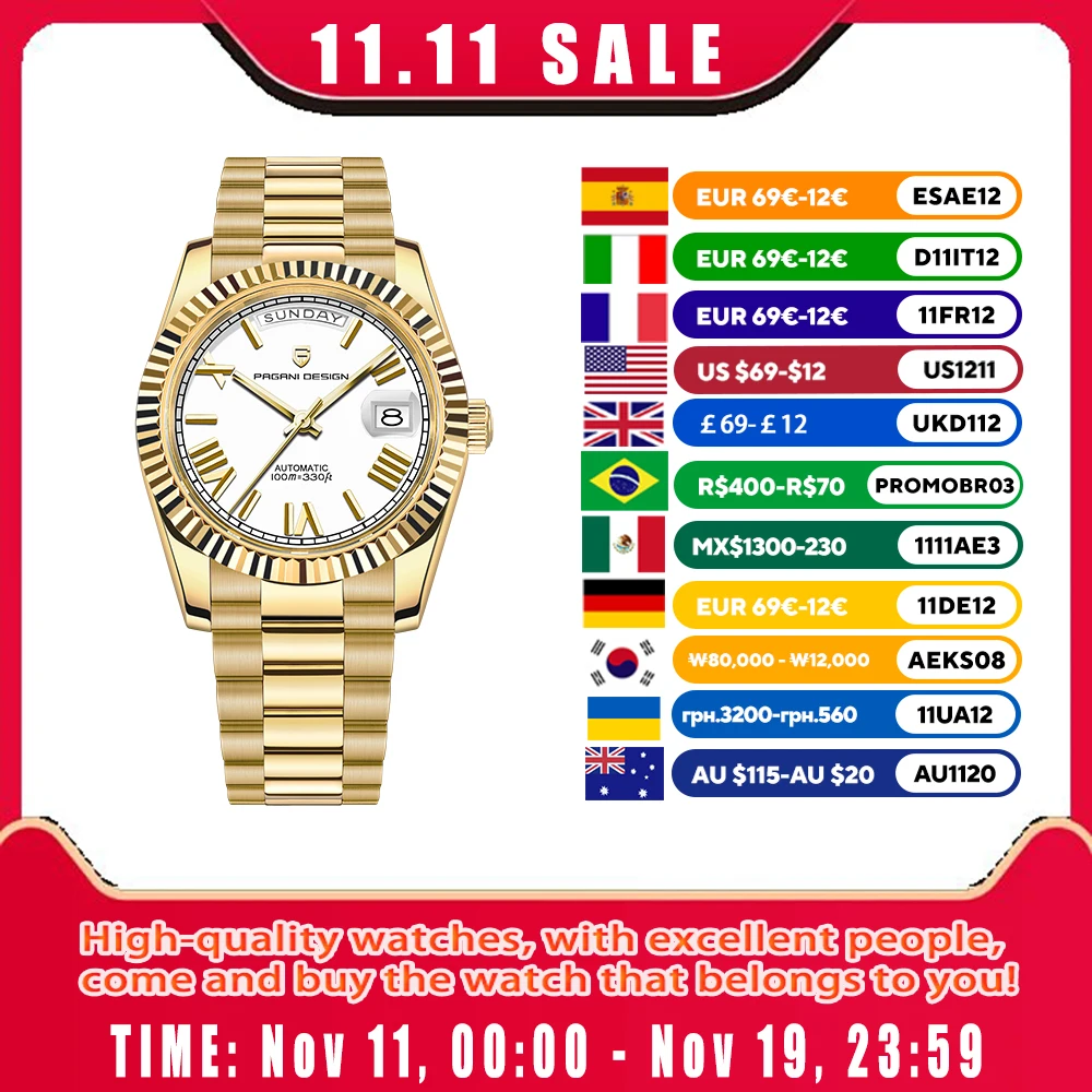 PAGANI DESIGN ساعات 2025 جديد الذهب الأبيض DD40 ساعة ميكانيكية فاخرة للرجال الفولاذ المقاوم للصدأ الياقوت كريستال ساعة أوتوماتيكية