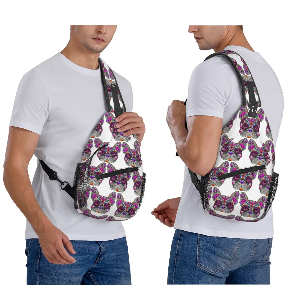 Mexican Day Of The Dead Dog Frenchie Chest Bag Men Sling Crossbody Backpack Chest Bag Traveling Hiking Daypack Shoulder Bag