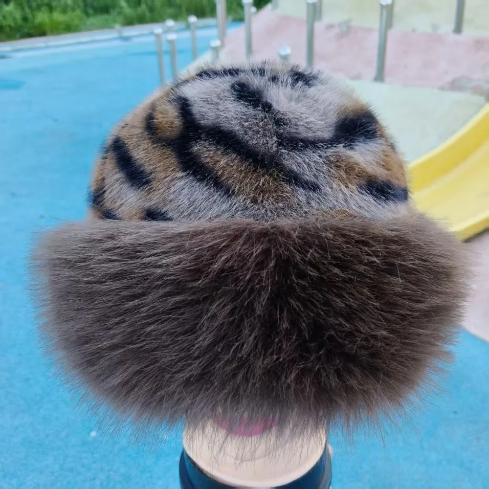 New Leopard Pattern Winter Hat Solid Color Bucket Hat Fluffy Fur Cold Windproof Panama Cap Outdoor