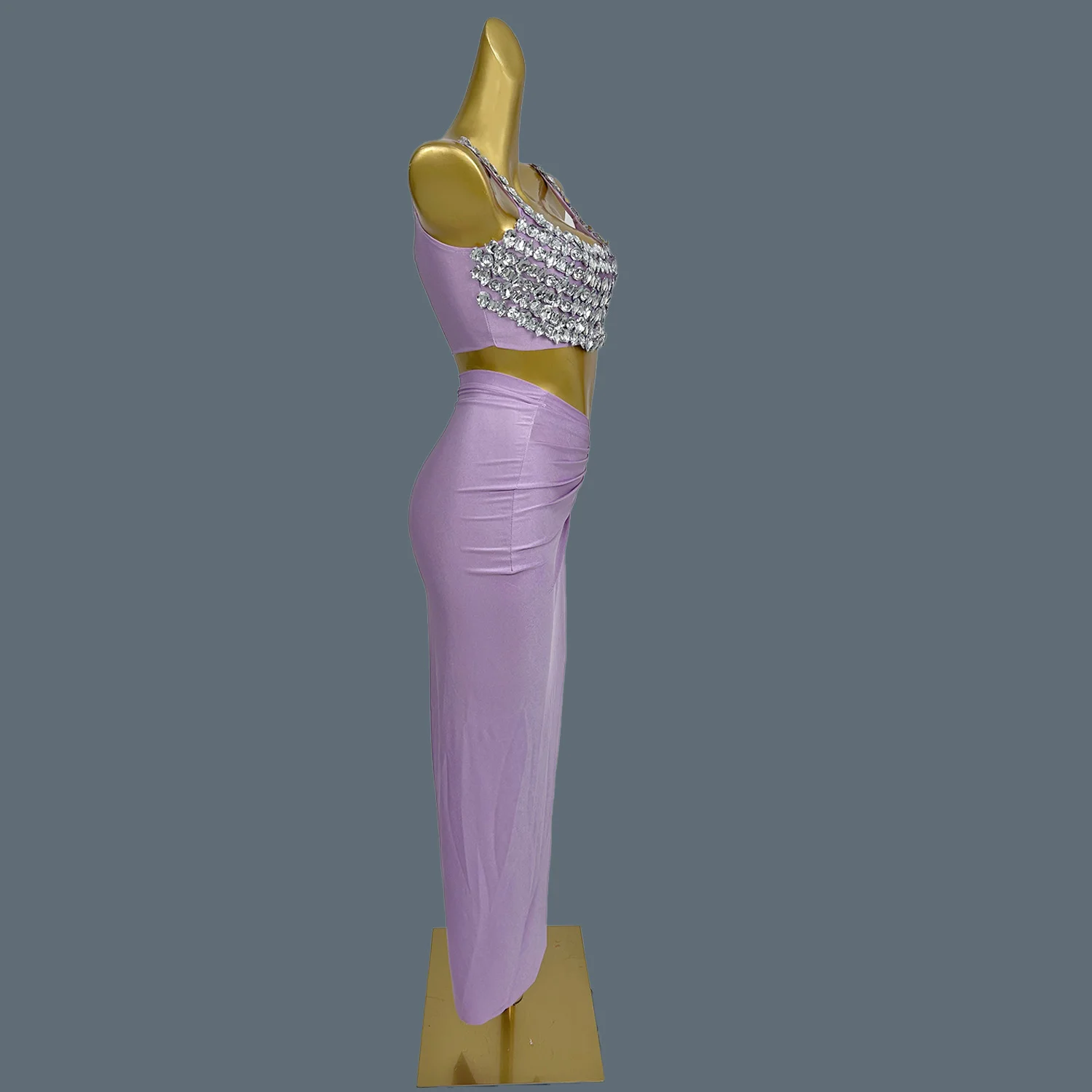 سباركلي حجر الراين مثير نمط سترة المحاصيل القمم تنورة طويلة 2 قطعة مجموعة بار عالية الجانب الشقوق تنورة طويلة ملهى ليلي المرحلة الزي Beixin #2